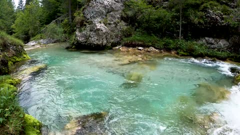 Peaceful waterfall sounds enhance relaxation experience.