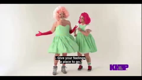 Two Adult Men Dressed As Women Telling Kids To Call Them To Talk About Their Feelings