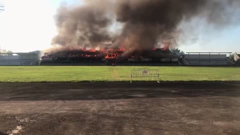 Bombed football stadium in Stakhanov, Ukraine.