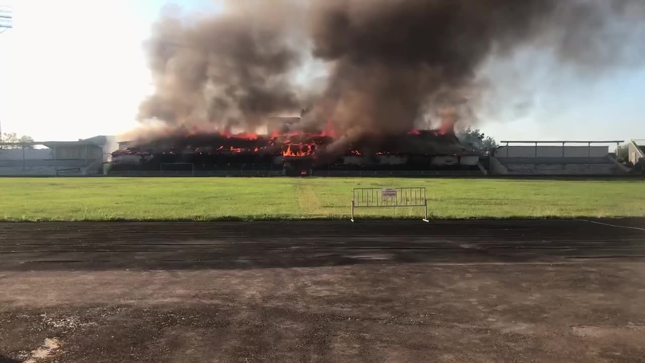 Bombed football stadium in Stakhanov, Ukraine.