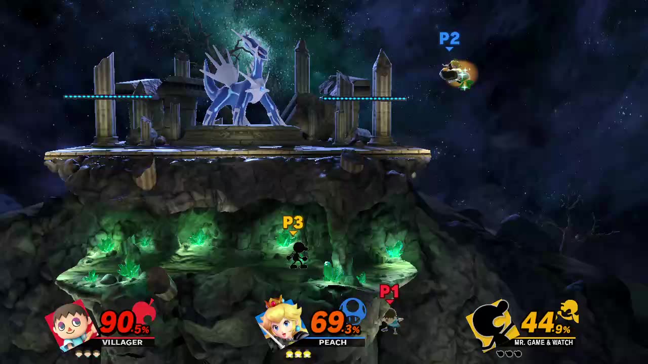 Villager vs Peach vs Mr Game and Watch on Spear Pillar (Super Smash Bros Ultimate)