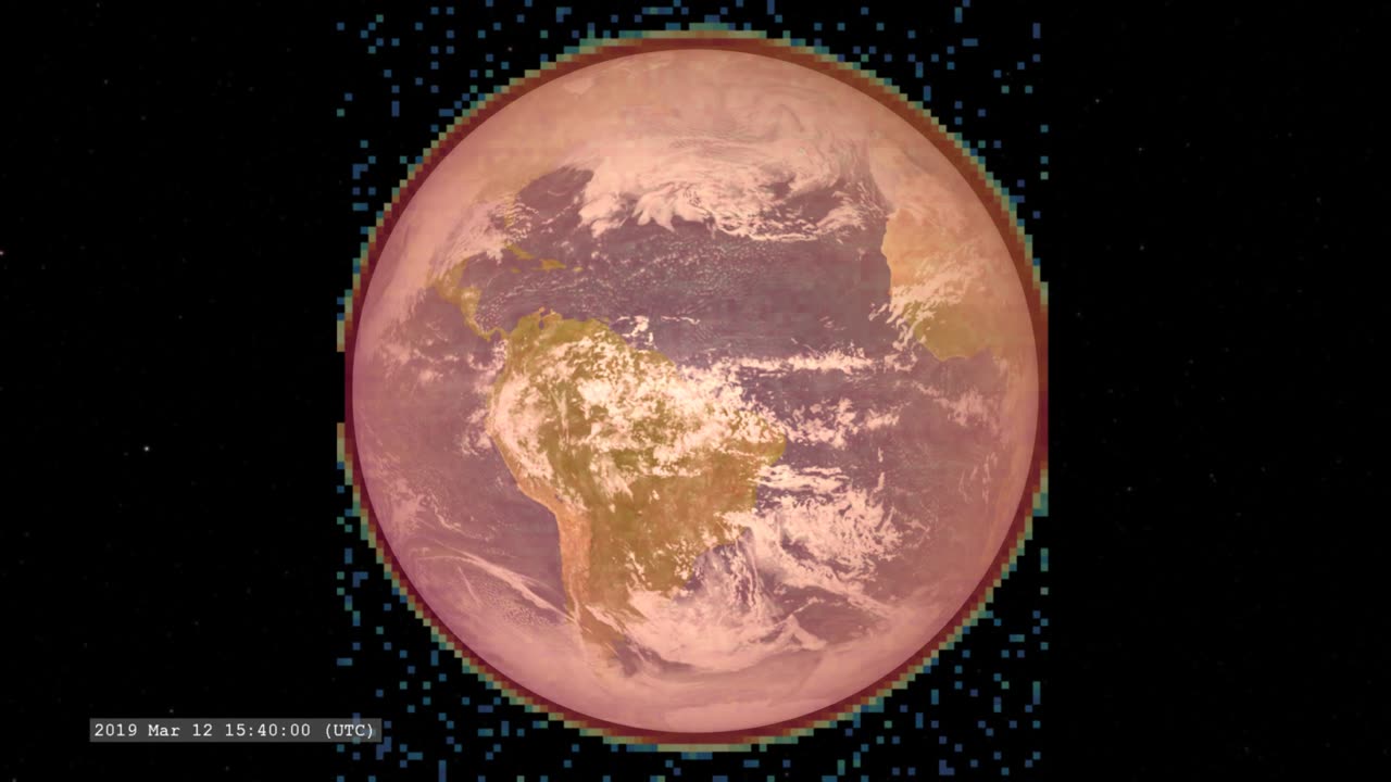 A visualizations of Earth in the ultraviolet emission of oxygen recombining from ions.