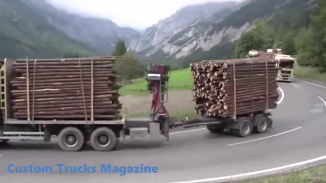 Caravan of wood trucks