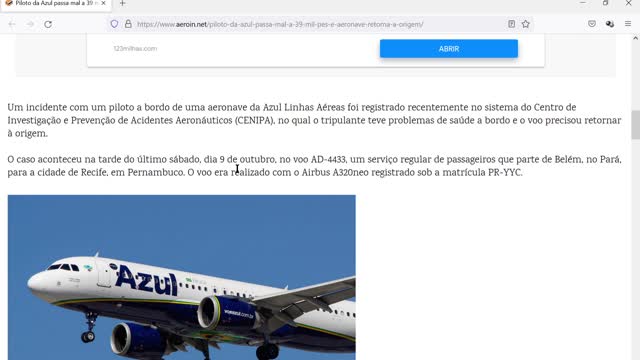 Piloto da Azul passa mal a 39 mil pés e aeronave retorna à origem