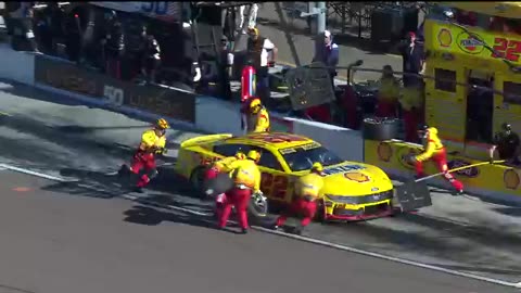 Joey Logano narrowly avoids Justin Haley on pit road