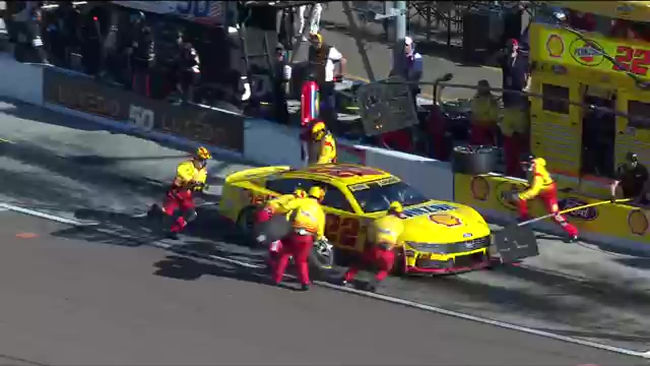 Joey Logano narrowly avoids Justin Haley on pit road