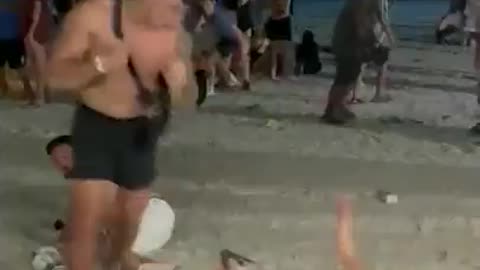 One man fights a group of friends