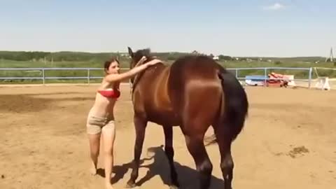 funny gilr with horse