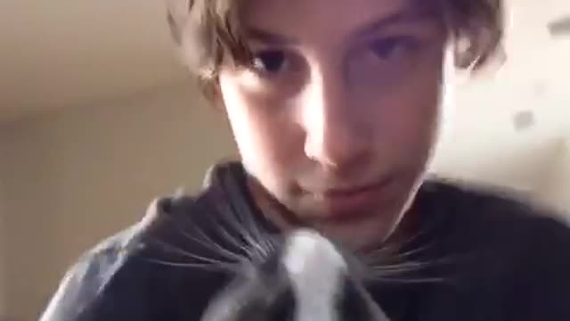 Guy gives white grey cat kiss it bites the boy
