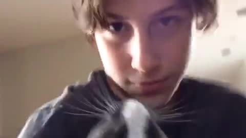 Guy gives white grey cat kiss it bites the boy