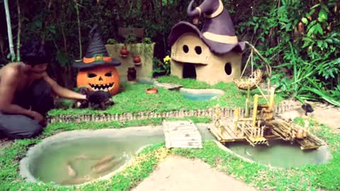 Cute puppies, dog house, fish pond