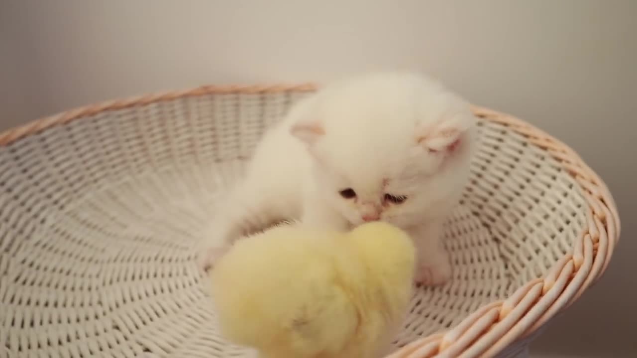 Kittens walk with a tiny chicken