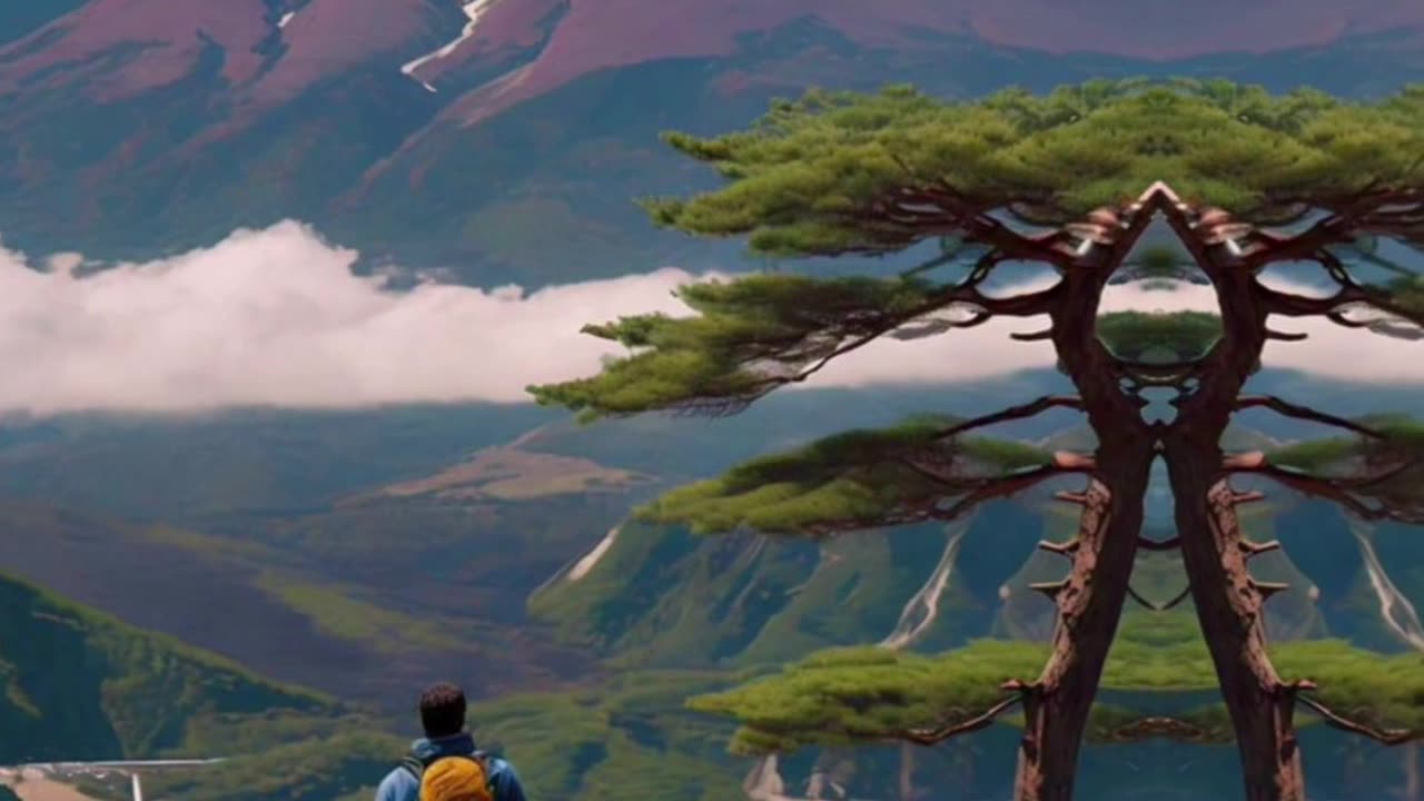 Imagine a man in shorts touching the tip of Mount Fuji