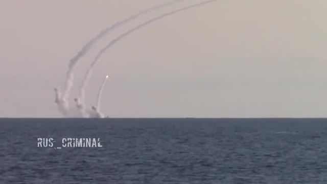 Russian warship strikes with Kalibr missiles at a Ukrainian weapons depot