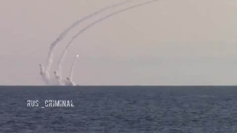 Russian warship strikes with Kalibr missiles at a Ukrainian weapons depot