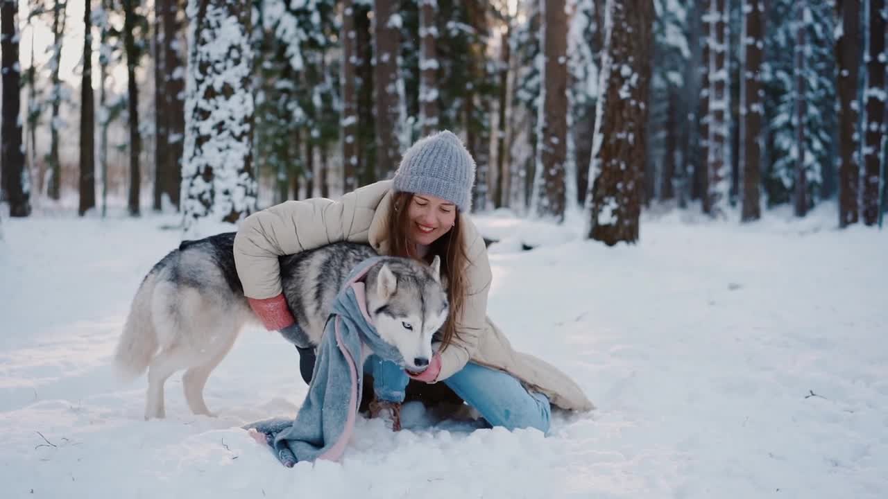 Amarican Beautiful girl and her husky playing in snow