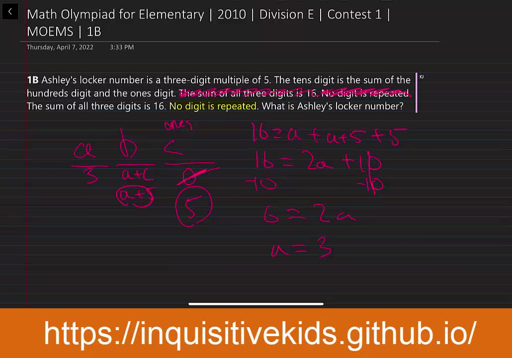 Math Olympiad for Elementary | 2010 | Division E | Contest 1 | MOEMS | 1B