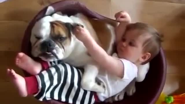 Baby sleeping in bed with bulldog