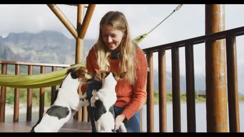 Caucasian couple spending time at home together, playing with dogs