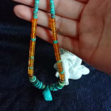 Natural turquoise and amber roundle beads handmade necklace spiny oyster and turquoise pendant02
