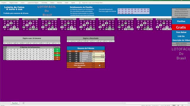 Lotofácil free spreadsheet, 18 dozen, only 6 games with profit.