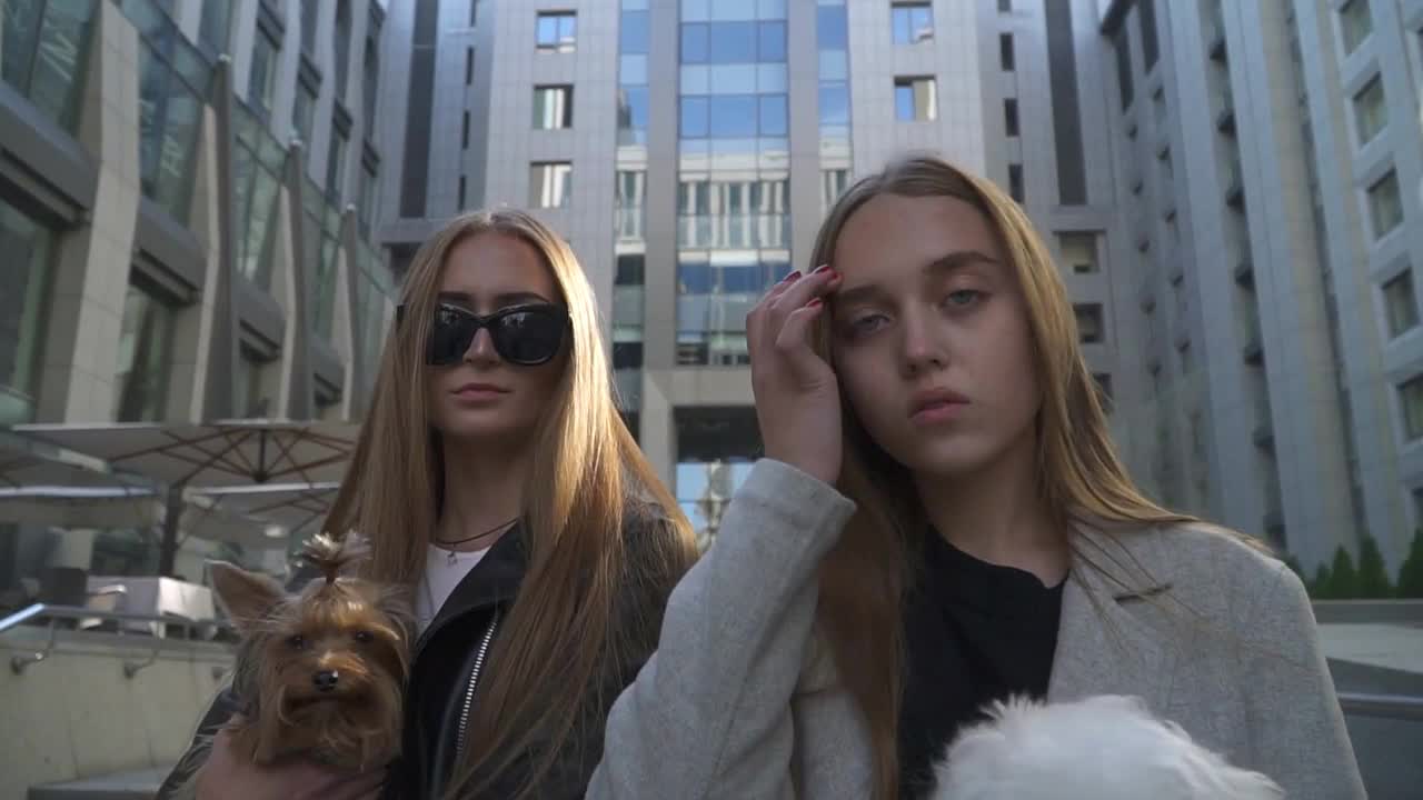 Two stylish young girls with small dogs in their arms