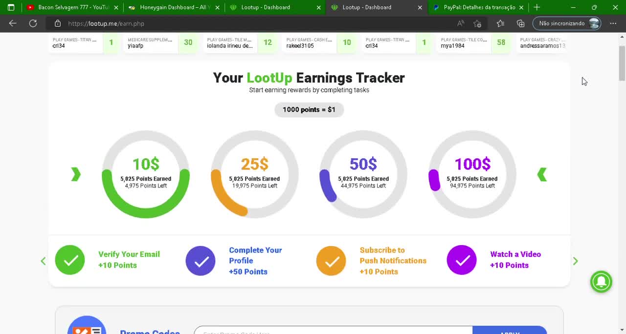 Aplicativo LootUp 🐐 Prova de pagamento 🐐 Saque $1 dólar com 1000 pontos 🐐 Faça atividades + pontos
