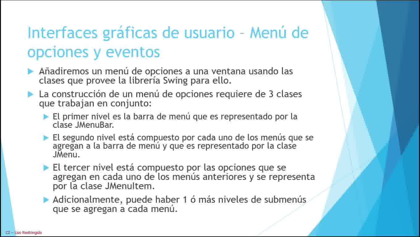 Java parte 29. Interfaces gráficas de usuario (parte 11). Menú de opciones y eventos.