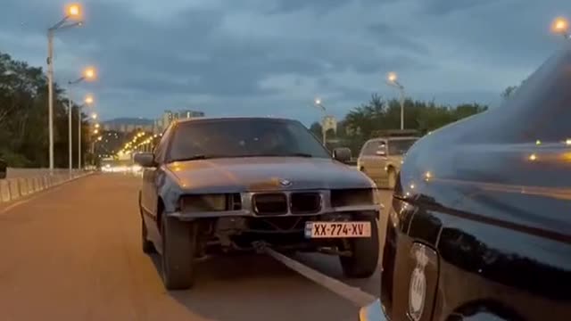 The damaged car was towed for repairs