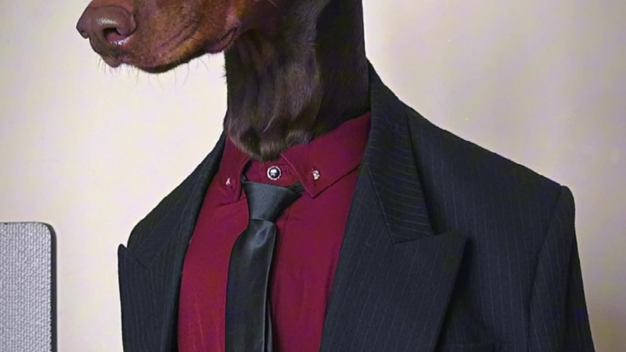 A dog wearing John Wicks suit