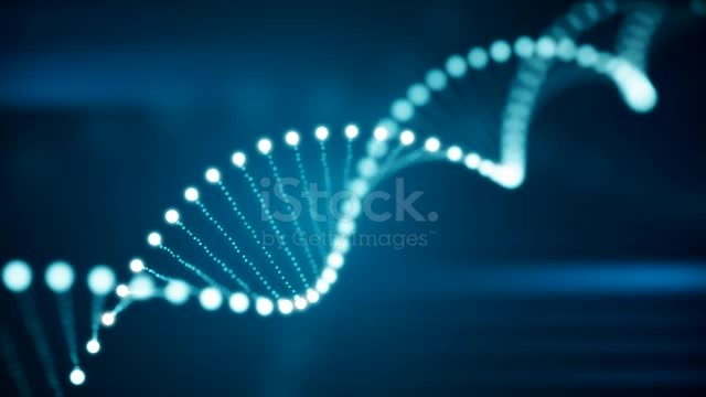 Seamless animation of rotating DNA glowing molecule on blue background