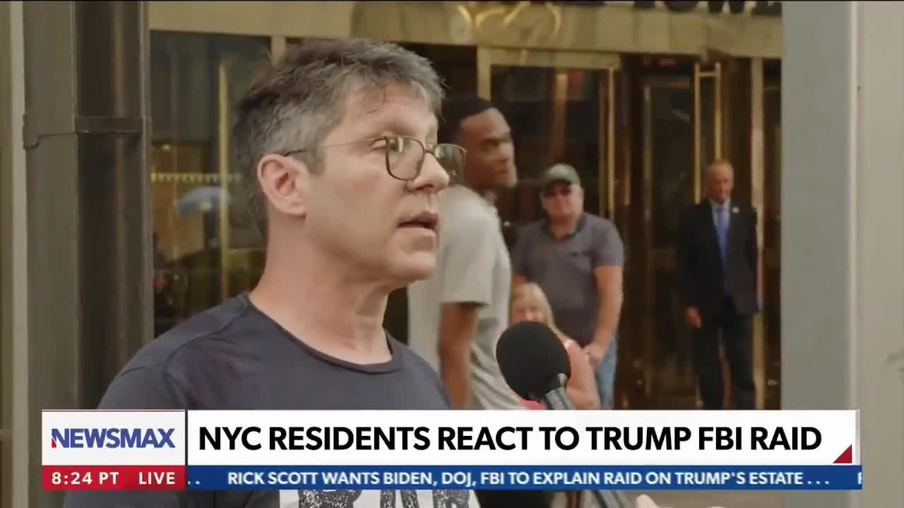Leftist outside Trump Tower in support of FBI raid of Trump makes a fool of himself on Live TV