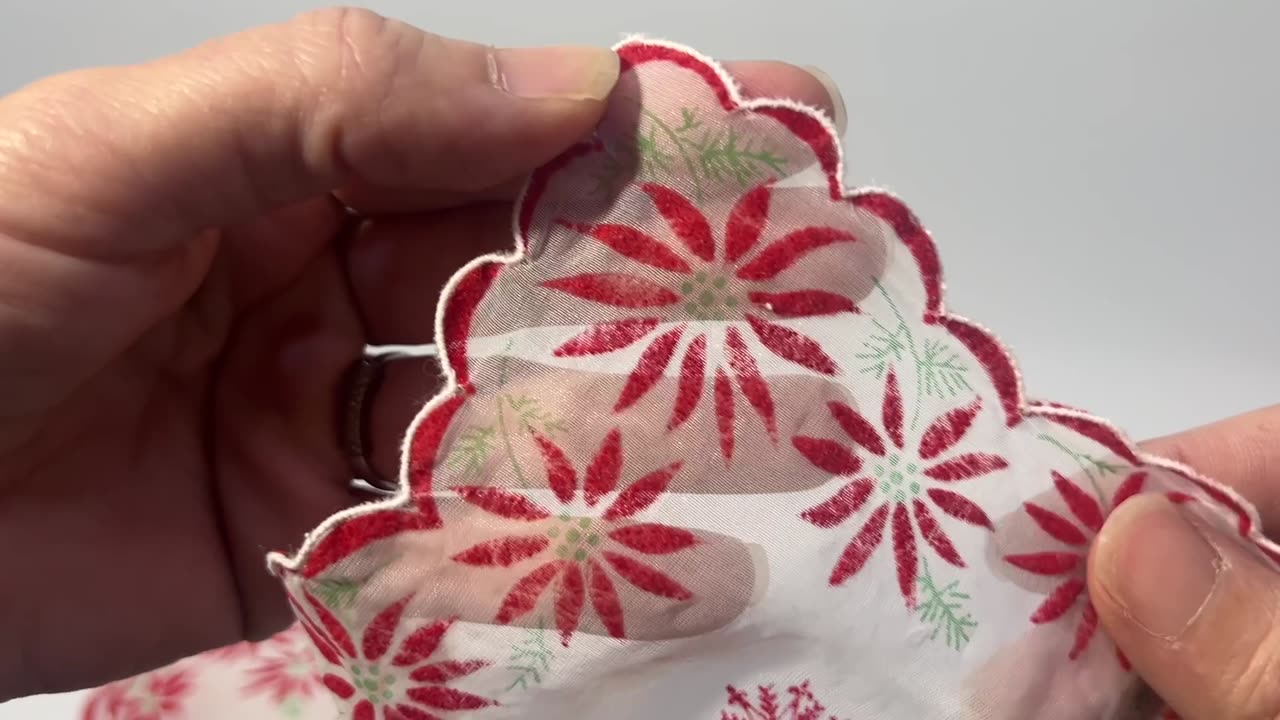 Vintage Green and Red Flowers, Red Snowflakes Sheer Handkerchief 13.50" x 14"