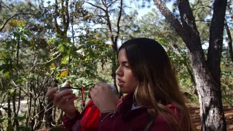 Woman drinking water in the forest