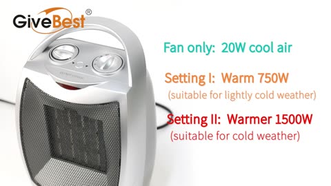 GiveBest Portable Electric Space Heater with Thermostat, Safe and Quiet Ceramic Heater Fan