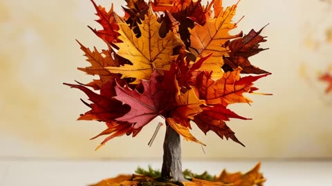 A Whimsical miniature figure composed of delicately arranged autumn leaves.