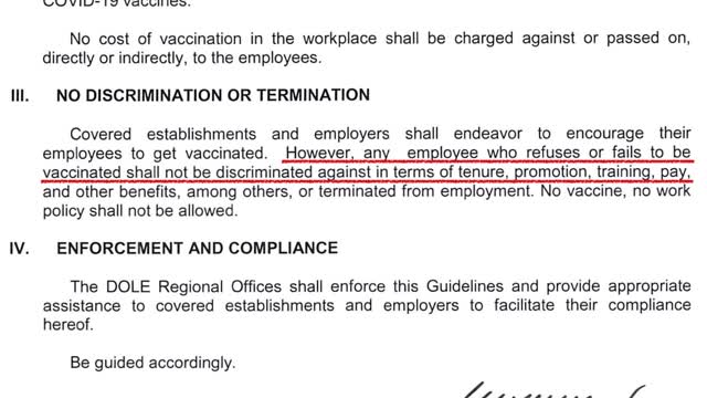 "No vaccine, no work policy SHALL NOT BE ALLOWED!" - D.O.L.E.