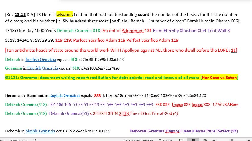 Deborah Gramma Document Report Epistle 1318 Rev 13 18 USA 1776