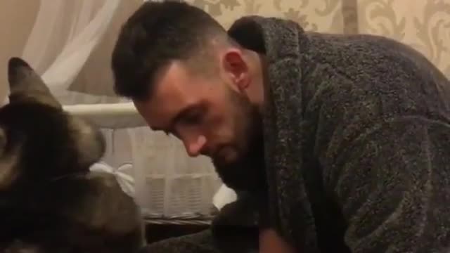 The master and the dog are talking