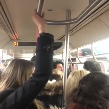 Subway pole broken woman hanging on