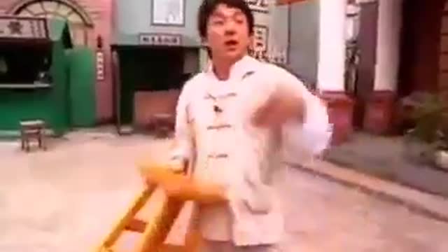 Jackie Chan shows off one of her movie set tricks.