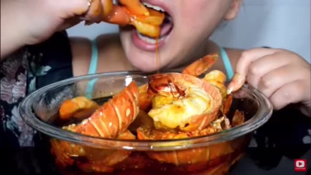 ASMR eating deshelled seafood boil lobster giant shrimp