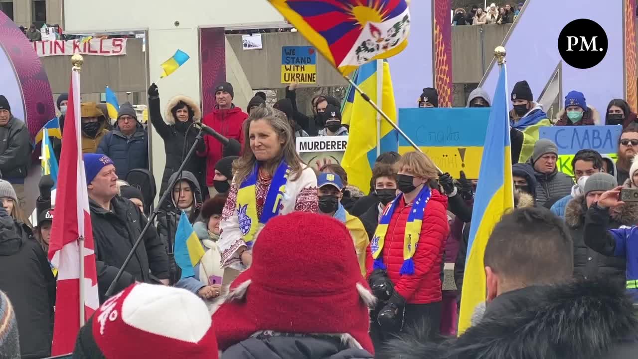 Trudeau's deputy PM Chrystia Freeland participates in a large public protest in support of Ukraine