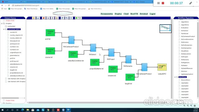 Running some examples of Relational Algebra workflow in DATAVIEW.