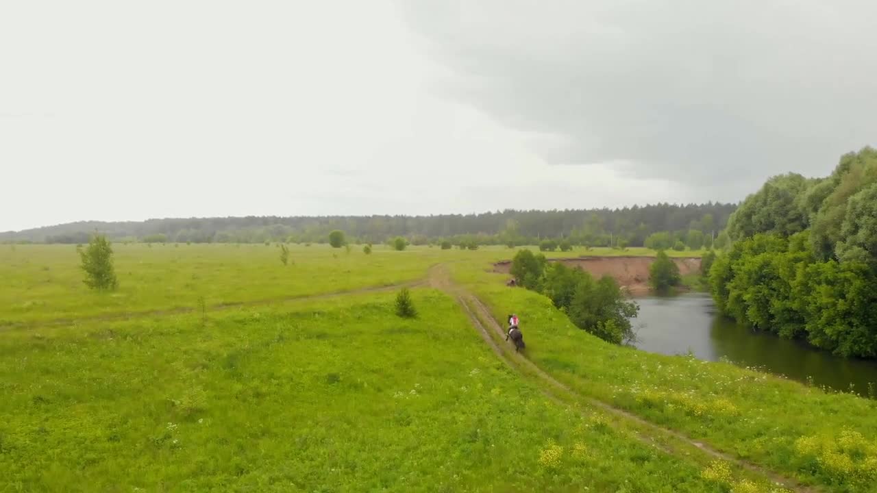 A landscape of a bright green field - a person riding a horse
