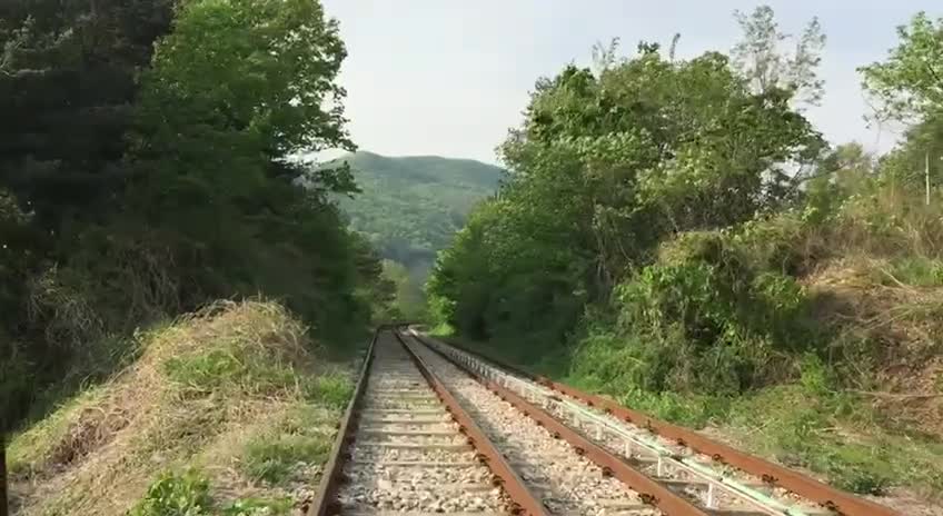 Riding a rail bike on the Korean train road in summer