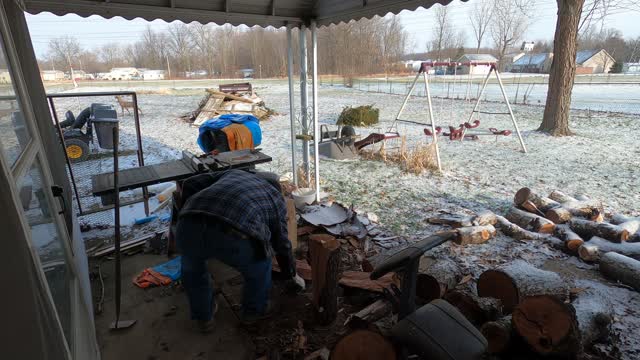 Busting logs for burning.