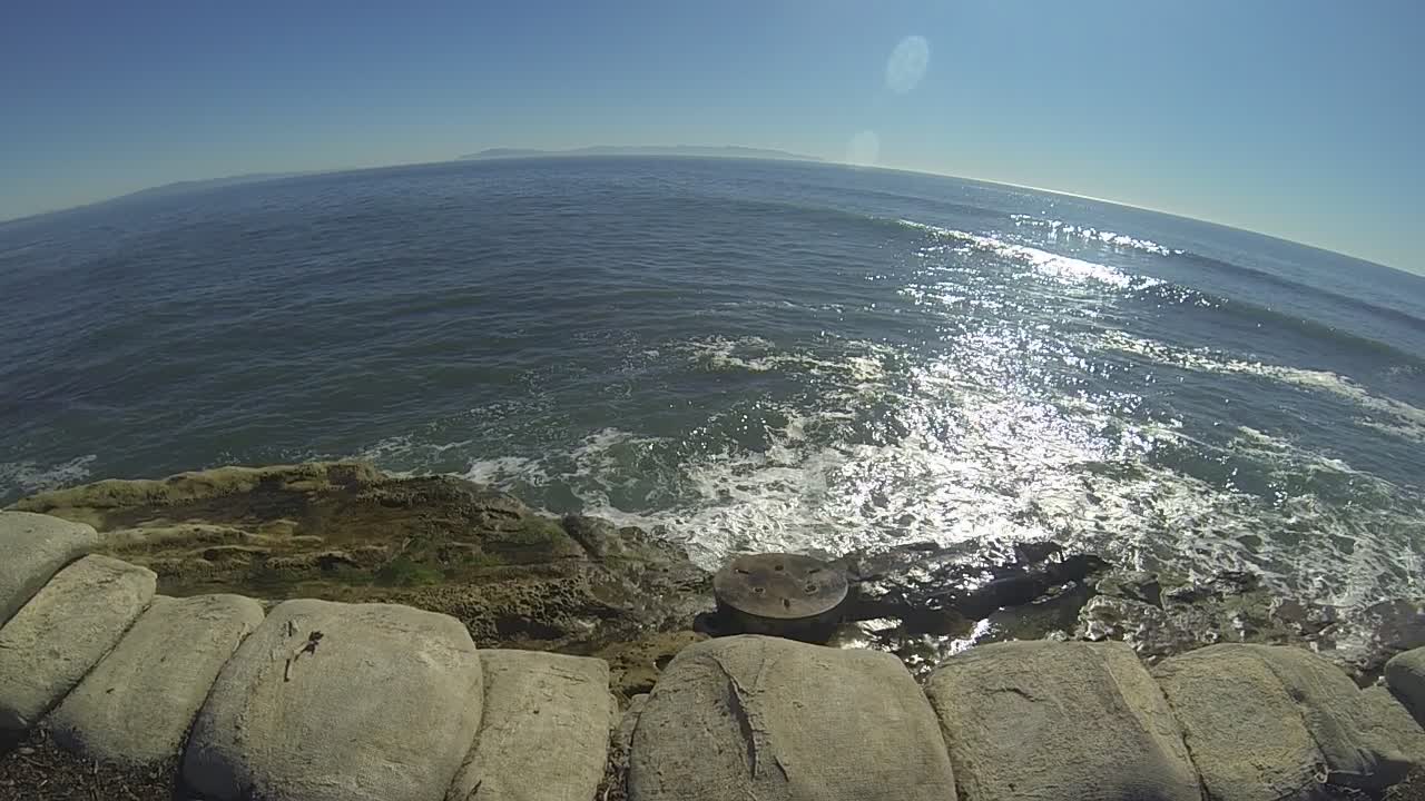 Santa Cruz, man made water spout shoots up as waves approach.
