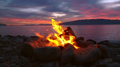 Fireplace/Campfire by the water. HD. Stress buster, relaxing sound.