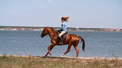 Tracking of young laughing woman in jeans shirt riding on elegant brown Russian